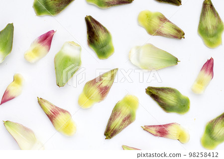 Fresh artichoke petals on white background Fresh artichoke petals on white background 98258412