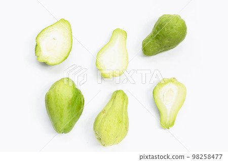 Fresh chayote fruit on white background. Fresh chayote fruit on white background. 98258477