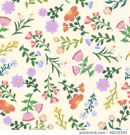 Seamless Repeated Ornament with Flowers, Cute Pattern with Simple Style Flat Blossoms on Beige Backdrop, Wallpaper 98258589