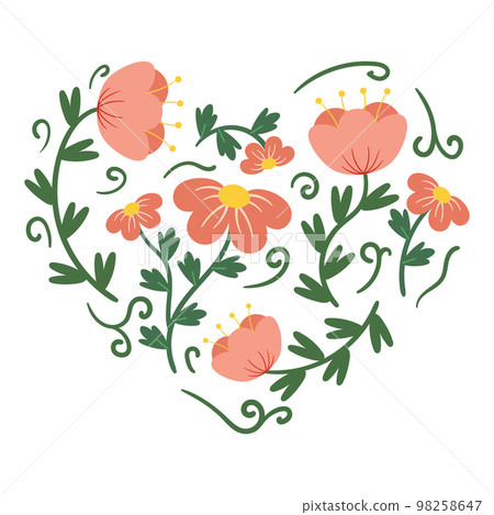Heart Shape Filled with Flowers, Graphic Design for Valentine Day, Spring Greeting Cards, Invitation Cute Style Blossoms 98258647
