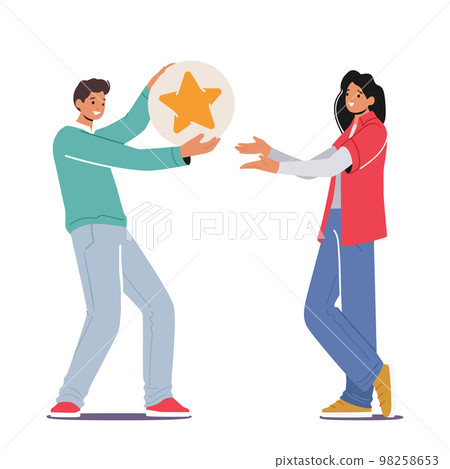 Virtual Communication In Networks Concept. Man Giving Big Gold Star to Female Character. Like, Good Rating 98258653