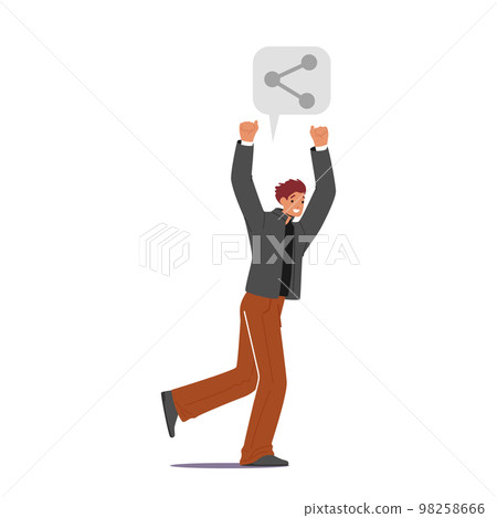 Male Character with Share Link Icon above Head Isolated on White Background. Sharing Info in Network, Refer a Friend 98258666