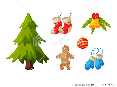 Christmas and New Year symbols set. Gingerbread man, Christmas tree, stockings, bauble and mittens cartoon vector illustration 98258678