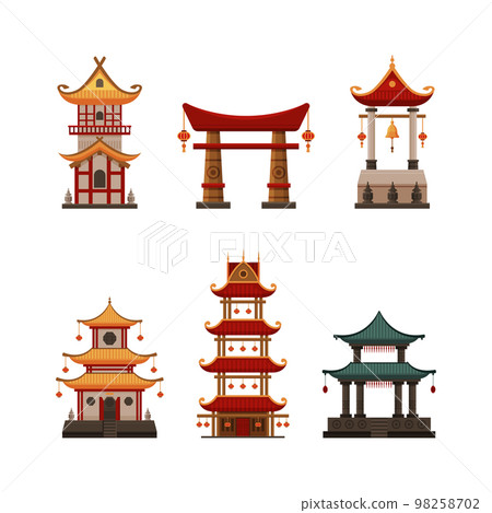 Asian traditional buildings set. Ancient temple, pagoda or shrine. Chinese ancient architecture cartoon vector illustration 98258702
