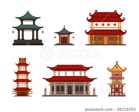 Asian traditional buildings set. Ancient temple, pagoda or shrine cartoon vector illustration 98258703