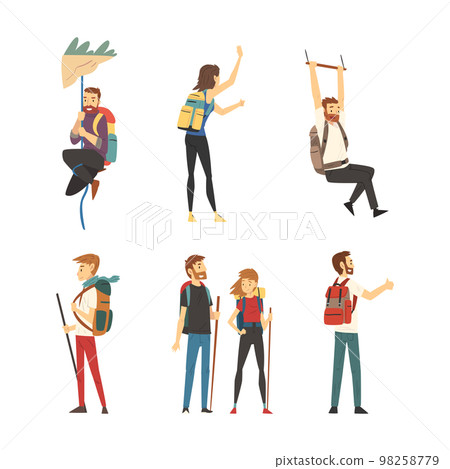 Tourists on vacation set. Male and female travelers hiking, climbing mountain, backpacking and hitchhiking. Seasonal recreation, adventure trip concept cartoon vector illustration 98258779