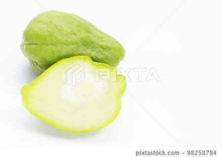 Fresh chayote fruit on white background. Fresh chayote fruit on white background. 98258784