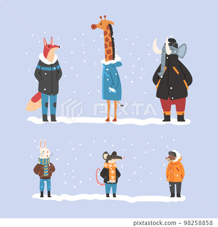 Set animals in warm winter clothes. Fox, giraffe, elephant, rabbit, mouse, hedgehog walking outdoors in cold weather cartoon vector 98258858