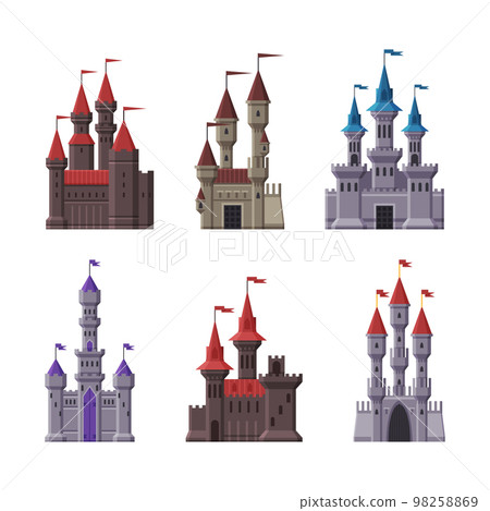 Medieval castles set. Fairytale palaces, mansions, stone fortress castle cartoon vector illustration 98258869