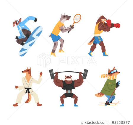 Dogs doing sports set. Dog snowboarding, playing tennis, boxing, lifting barbell, skiing cartoon vector illustration 98258877