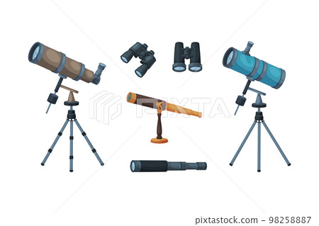 Set of optical equipment. Telescope, binoculars, spyglass magnifying optical devices cartoon vector illustration 98258887