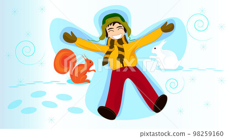 A happy boy in winter clothes lies in the snow and makes an angel out of the snow. Winter New Year s holidays. A happy boy in winter clothes lies in the snow and makes an angel out of the snow. Winter New Year s holidays. 98259160