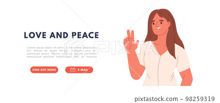 Happy woman showing V sign, victory gesture with hands and two fingers. Person with peace signal. Female character emotions and expressions. Flat vector illustration 98259319