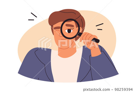 Finding Solutions concept. Business man is making research with a magnifying glass. Find technology idea. Flat vector illustration Finding Solutions concept. Business man is making research with a magnifying glass. Find technology idea. Flat vector illustration 98259394