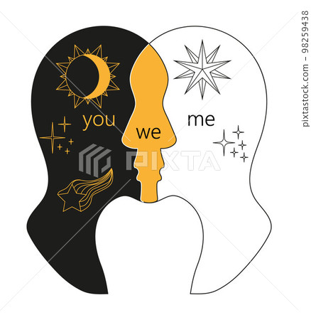 Psychology of relationship, love affection. The fusion of two personalities, lack of personal boundaries. Silhouette of two heads of people. Psychology of relationship, love affection. The fusion of two personalities, lack of personal boundaries. Silhouette of two heads of people. 98259438