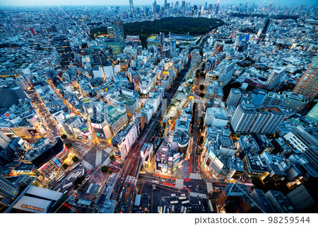 Aerial View of Shibuya, Tokyo at sunset 98259544
