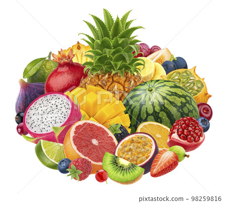 Fruits and berries isolated on white background, top view Fruits and berries isolated on white background, top view 98259816
