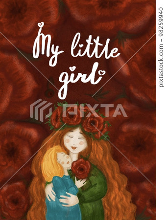 Mommy and daughter, mother's day card. Mom and little daughter are hugging. Drawing imitating a soft Mommy and daughter, mother's day card. Mom and little daughter are hugging. Drawing imitating a soft 98259940