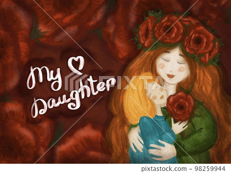 Mommy and daughter, mother's day card. Mom and little daughter are hugging. Drawing imitating a soft 98259944
