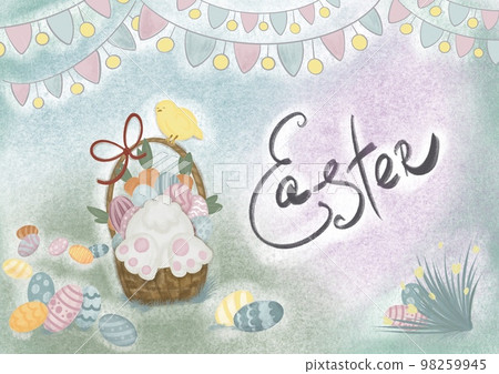 Happy Easter greeting card. Trendy easter design with typography, hand drawn strokes and dots, eggs 98259945