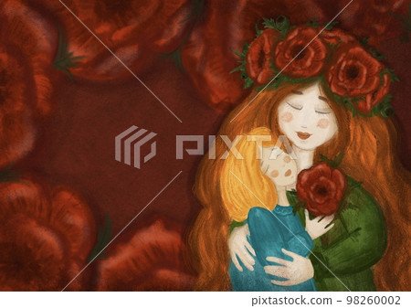 Mommy and daughter, mother's day card. Mom and little daughter are hugging. Drawing imitating a soft 98260002