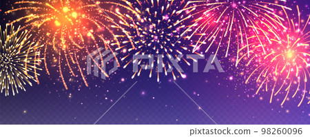 Realistic festive fireworks with transparency effect. Colorful explosion with bright sparks. Christmas or New Year greeting card design element. Diwali festival of lights. Vector illustration 98260096