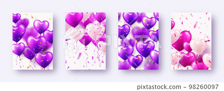 Valentine's Day banners with violet heart balloons. Wedding invitation card template, love background. Mother's Day greeting cards. Beautiful romantic banner. Vector illustration 98260097
