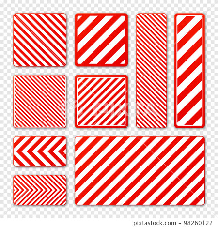 Various white and red warning signs with diagonal lines. Attention, danger or caution sign, construction site signage. Realistic notice signboard, warning banner, road shield. Vector illustration Various white and red warning signs with diagonal lines. Attention, danger or caution sign, construction site signage. Realistic notice signboard, warning banner, road shield. Vector illustration 98260122