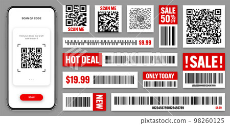 Product barcodes and QR codes. Smartphone application, scanner app. Sale stickers, discount label or promotional badge. Serial number, product ID. Store, supermarket scan labels. Vector illustration Product barcodes and QR codes. Smartphone application, scanner app. Sale stickers, discount label or promotional badge. Serial number, product ID. Store, supermarket scan labels. Vector illustration 98260125