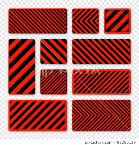 Various black and red warning signs with diagonal lines. Attention, danger or caution sign, construction site signage. Realistic notice signboard, warning banner, road shield. Vector illustration Various black and red warning signs with diagonal lines. Attention, danger or caution sign, construction site signage. Realistic notice signboard, warning banner, road shield. Vector illustration 98260139