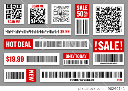Set of product barcodes and QR codes. Special offer, sale stickers, shopping discount label or promotional badge. Serial number, product ID. Supermarket retail label, price tag. Vector illustration Set of product barcodes and QR codes. Special offer, sale stickers, shopping discount label or promotional badge. Serial number, product ID. Supermarket retail label, price tag. Vector illustration 98260141