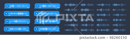 Voice, audio message, blue speech bubble. SMS text frame. Social media chat or messaging app conversation. Voice assistant, recorder. Sound wave pattern. Dark mode. Vector illustration Voice, audio message, blue speech bubble. SMS text frame. Social media chat or messaging app conversation. Voice assistant, recorder. Sound wave pattern. Dark mode. Vector illustration 98260150