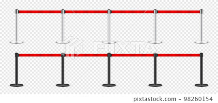 Realistic red retractable belt stanchion. Crowd control barrier posts with caution strap. Queue lines. Restriction border and danger tape. Attention, warning sign. Vector illustration 98260154