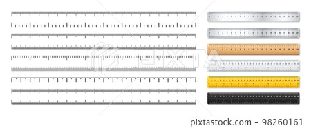 Realistic metal and plastic rulers. Measurement scales with divisions. Scale for measuring length or height in centimeters, inches. Ruler, tape measure marks, size indicators. Vector illustration 98260161