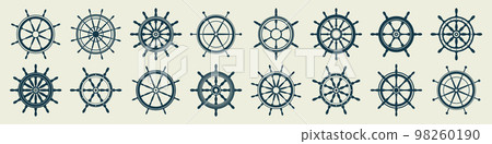 Collection of vintage steering wheels. Ship, yacht retro wheel symbol. Nautical rudder icon. Marine design element. Vector illustration 98260190