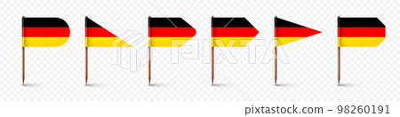 Realistic various German toothpick flags. Souvenir from Germany. Wooden toothpicks with paper flag. Location mark, map pointer. Blank mockup for advertising and promotions. Vector illustration Realistic various German toothpick flags. Souvenir from Germany. Wooden toothpicks with paper flag. Location mark, map pointer. Blank mockup for advertising and promotions. Vector illustration 98260191