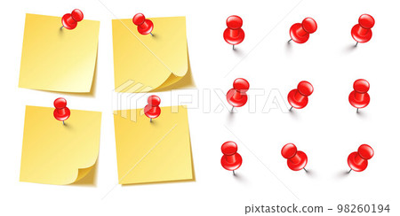Realistic blank sticky notes isolated on white background. Yellow sheets of note paper with red push pins. Paper reminder and plastic pushpin with needle. Board tacks. Vector illustration Realistic blank sticky notes isolated on white background. Yellow sheets of note paper with red push pins. Paper reminder and plastic pushpin with needle. Board tacks. Vector illustration 98260194