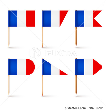 Realistic various French toothpick flags. Souvenir from France. Wooden toothpicks with paper flag. Location mark, map pointer. Blank mockup for advertising and promotions. Vector illustration Realistic various French toothpick flags. Souvenir from France. Wooden toothpicks with paper flag. Location mark, map pointer. Blank mockup for advertising and promotions. Vector illustration 98260204