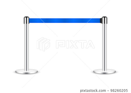Realistic blue retractable belt stanchion. Crowd control barrier posts with caution strap. Queue lines. Restriction border and danger tape. Attention, warning sign. Vector illustration Realistic blue retractable belt stanchion. Crowd control barrier posts with caution strap. Queue lines. Restriction border and danger tape. Attention, warning sign. Vector illustration 98260205
