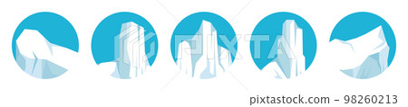Floating icebergs collection. Drifting arctic glacier, block of frozen ocean water. Icy mountains with snow. Melting ice peak. Antarctic snowy landscape. South and North Pole. Vector illustration. 98260213