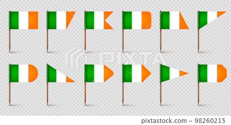 Realistic various Irish toothpick flags. Souvenir from Ireland. Wooden toothpicks with paper flag. Location mark, map pointer. Blank mockup for advertising and promotions. Vector illustration 98260215