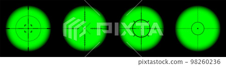 Various weapon night sights, sniper rifle optical scopes. Hunting gun viewfinder with crosshair. Aim, shooting mark symbol. Military target sign, silhouette. Game UI element. Vector illustration Various weapon night sights, sniper rifle optical scopes. Hunting gun viewfinder with crosshair. Aim, shooting mark symbol. Military target sign, silhouette. Game UI element. Vector illustration 98260236