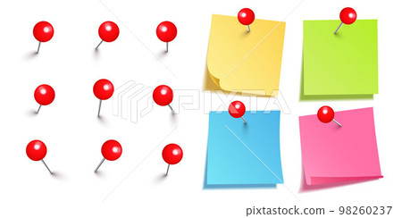 Realistic blank sticky notes isolated on white background. Colorful sheets of note paper with red round push pins. Paper reminder and plastic pushpin with needle. Board tacks. Vector illustration 98260237