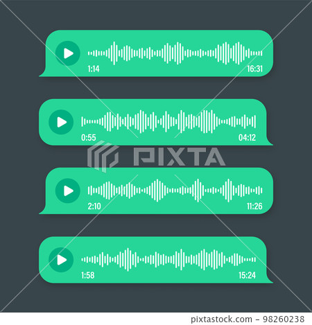 Voice, audio message, green speech bubble. SMS text frame. Social media chat or messaging app conversation. Voice assistant, recorder. Sound wave pattern. Dark mode. Vector illustration Voice, audio message, green speech bubble. SMS text frame. Social media chat or messaging app conversation. Voice assistant, recorder. Sound wave pattern. Dark mode. Vector illustration 98260238