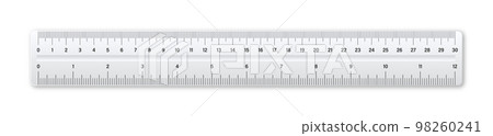 Realistic plastic ruler with measurement scale and divisions, measure marks. School ruler, centimeter and inch scale for length measuring. Office supplies. Vector illustration Realistic plastic ruler with measurement scale and divisions, measure marks. School ruler, centimeter and inch scale for length measuring. Office supplies. Vector illustration 98260241