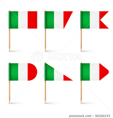 Realistic various Italian toothpick flags. Souvenir from Italy. Wooden toothpicks with paper flag. Location mark, map pointer. Blank mockup for advertising and promotions. Vector illustration 98260243