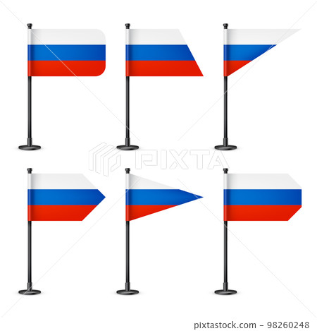 Realistic various Russian table flags on a black steel pole. Souvenir from Russia. Desk flag made of paper or fabric, shiny metal stand. Mockup for promotion and advertising. Vector illustration Realistic various Russian table flags on a black steel pole. Souvenir from Russia. Desk flag made of paper or fabric, shiny metal stand. Mockup for promotion and advertising. Vector illustration 98260248
