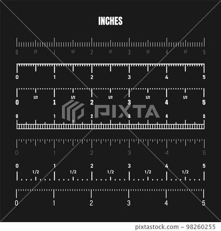 Realistic white inch scale for measuring length or height. Various measurement scales with divisions. Ruler, tape measure marks, size indicators. Vector illustration 98260255
