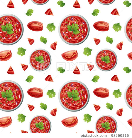 Seamless pattern with salsa, tomatoes and cilantro. Texture with traditional mexican food. Great for fabric, wallpaper, menu Seamless pattern with salsa, tomatoes and cilantro. Texture with traditional mexican food. Great for fabric, wallpaper, menu 98260316