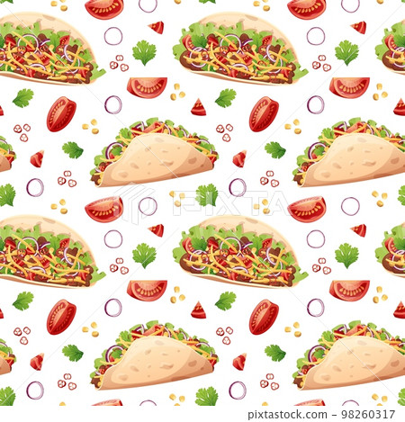 Seamless pattern with tacos. Texture with traditional mexican food. Great for wallpapers, menu decor, restaurants. Seamless pattern with tacos. Texture with traditional mexican food. Great for wallpapers, menu decor, restaurants. 98260317